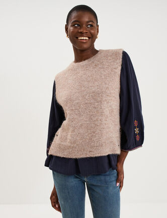 Pull col rond sans manches &agrave; boutons beige femme