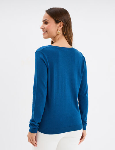 Gilet manches longues boutonné col rond bleu foncé femme