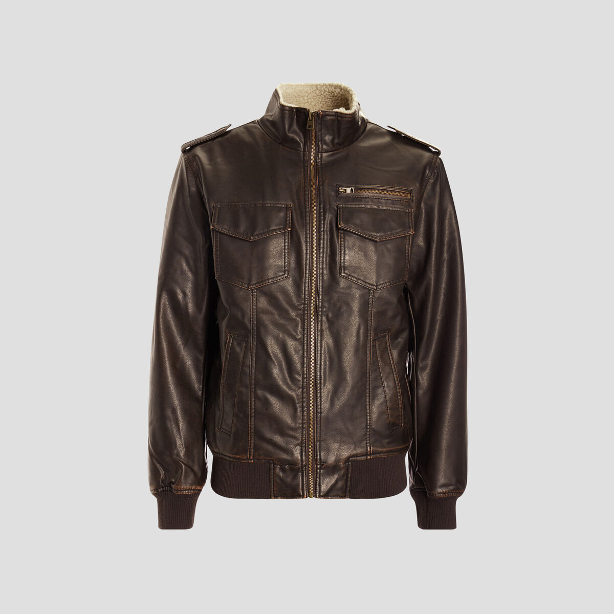 Blouson droit simili cuir marron homme