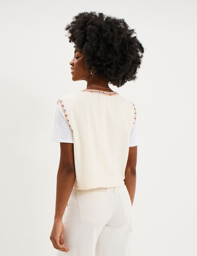 Veste brod&eacute;e sans manches coton creme femme