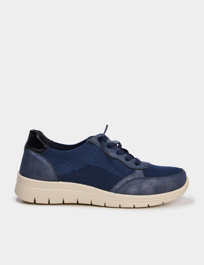 Tennis basses &agrave; lacets pied large bleu marine femme