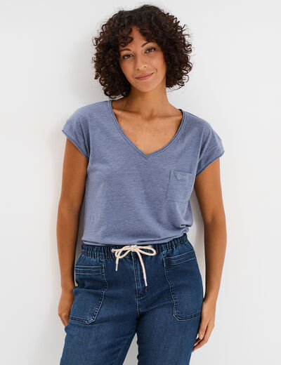 T-shirt col v poche poitrine Creeks bleu gris femme