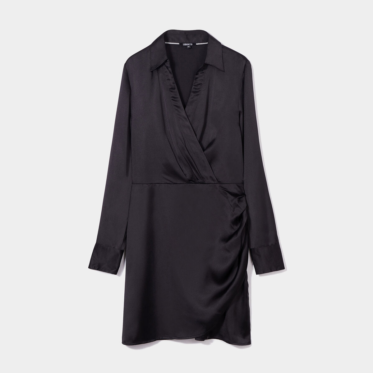 Robe satin portefeuille courte noir femme