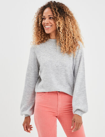 Pull avec perles et manches ballons gris clair femme