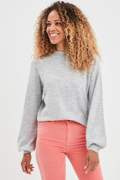 Pull avec perles et manches ballons gris clair femme