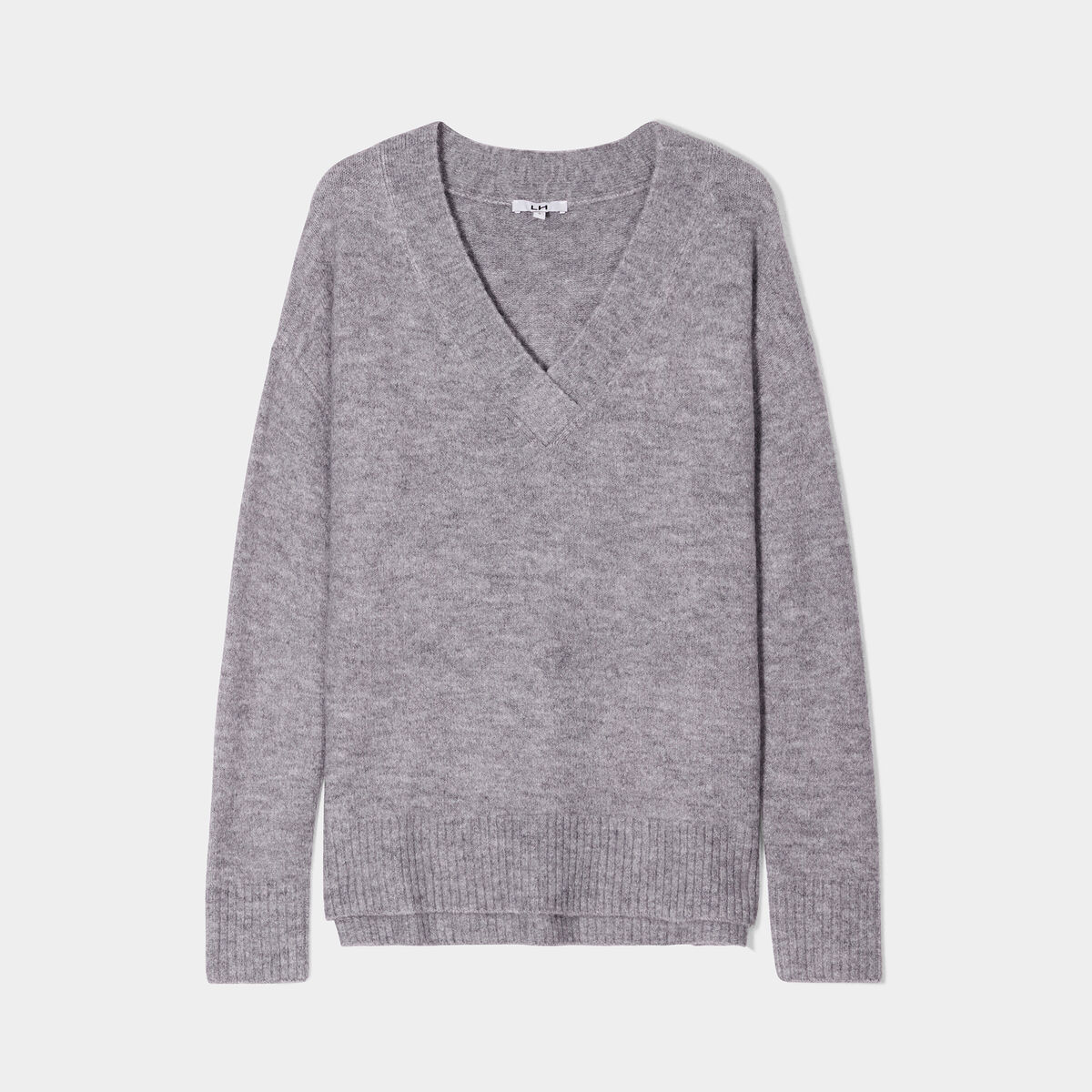 Pull droit ample col V fentes aux c&ocirc;t&eacute;s gris clair femme