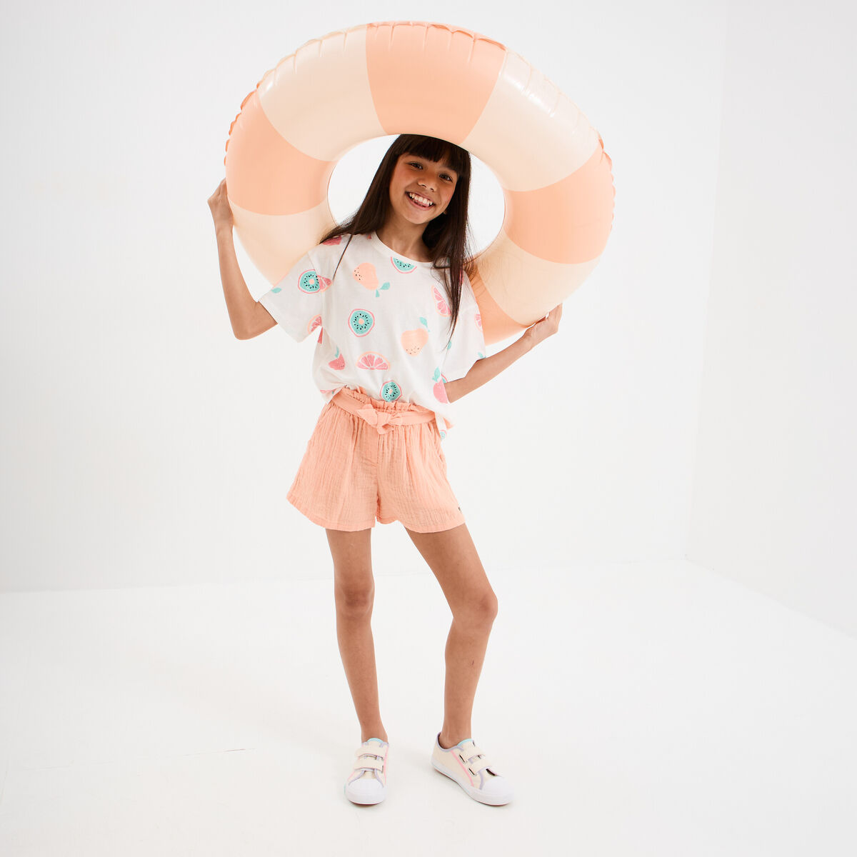 T-shirt col rond manches courtes coton ecru fille