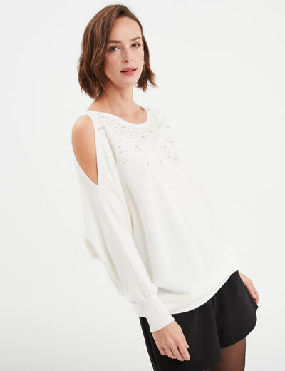 Pull perles et strass au col blanc femme