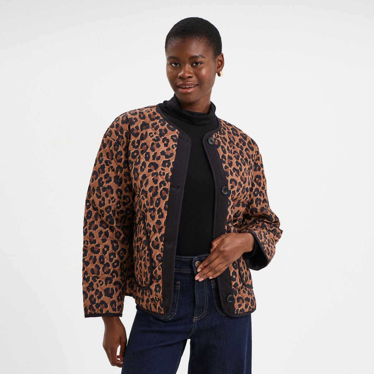 Veste matelass&eacute;e boutonn&eacute;e col rond camel femme