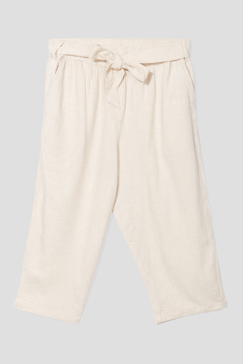 Pantacourt droit ceinturé lin mélangé beige femme grande taille