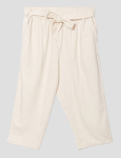 Pantacourt droit ceinturé lin mélangé beige femme grande taille