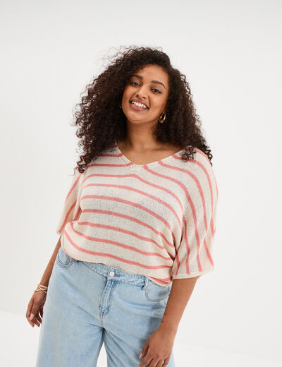 Pull manches 3/4 col en V blanc femme grande taille