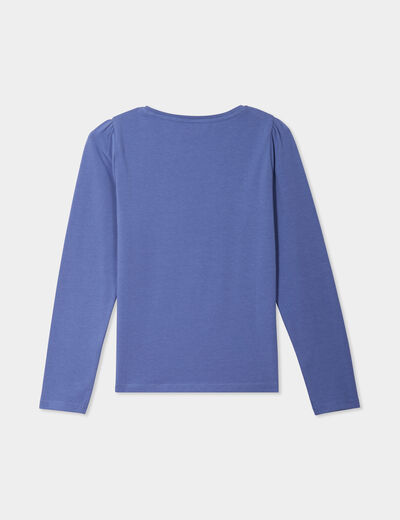 T-shirt coton manches longues à fronces bleu gris fille