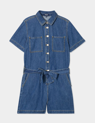 Combishort en jean ceinturée coton denim stone femme