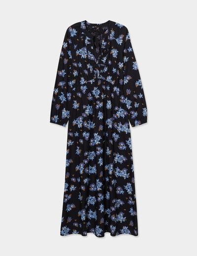 Robe longue col tunisien manches longues noir femme