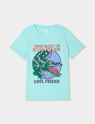 T-shirt sequins réversibles coton bleu turquoise garçon