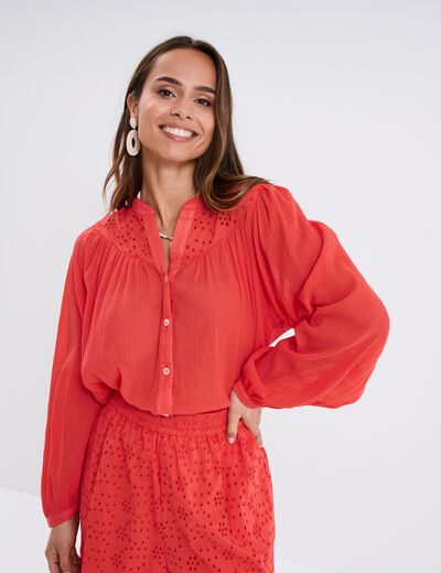 Blouse col tunisien broderie anglaise rouge femme