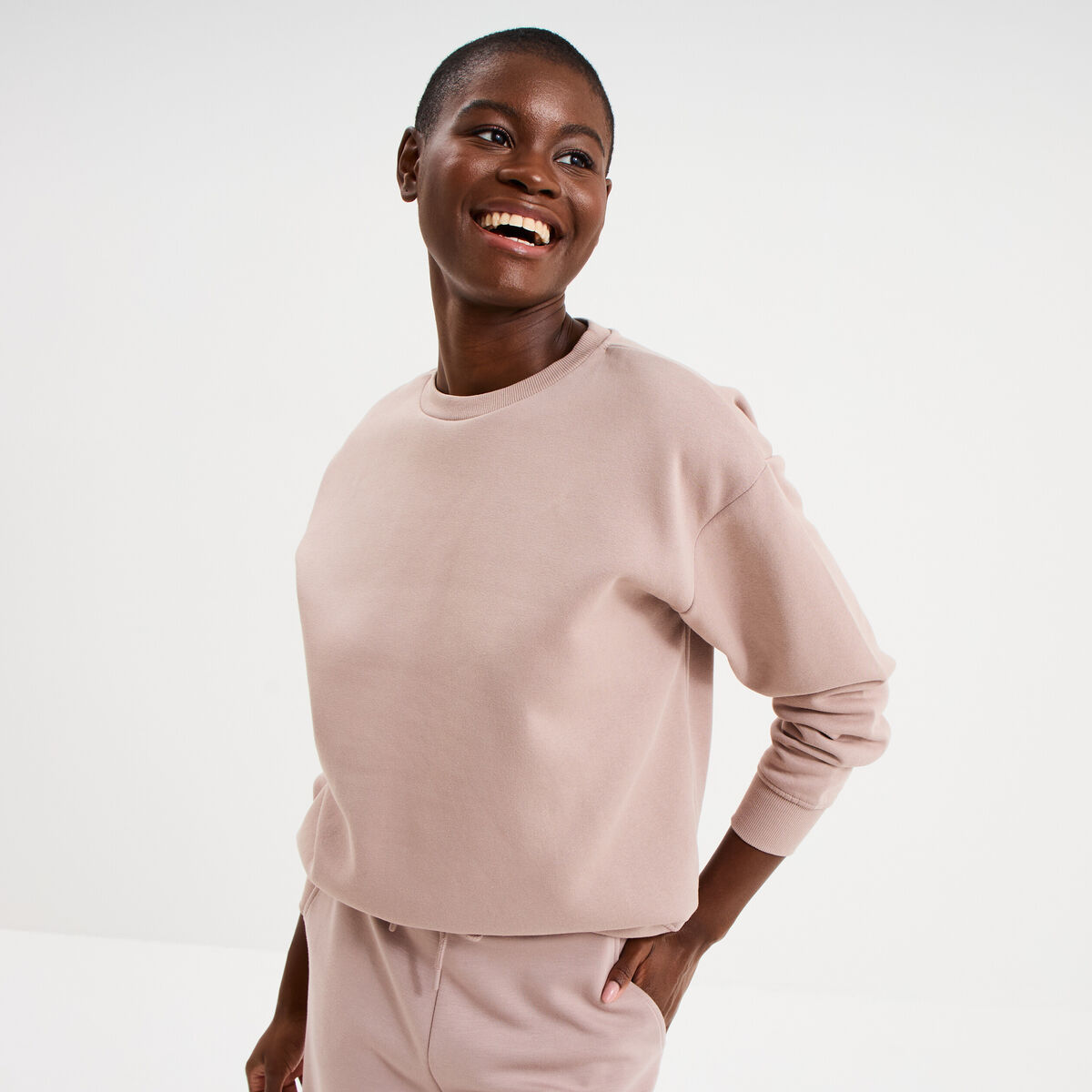 Sweat col rond manches longues marron clair femme