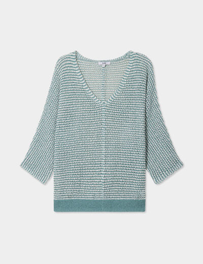 Pull ajouré effet crochet manches 3/4 bleu gris femme