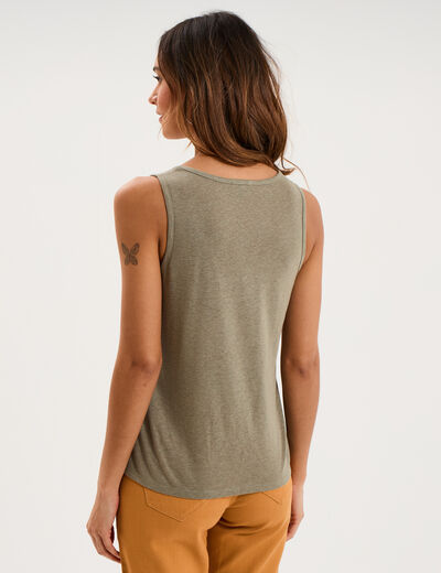 D&eacute;bardeur col rond m&eacute;lange lin vert kaki femme