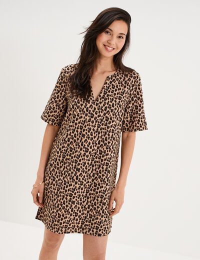 Robe courte col en V manches courtes beige clair femme