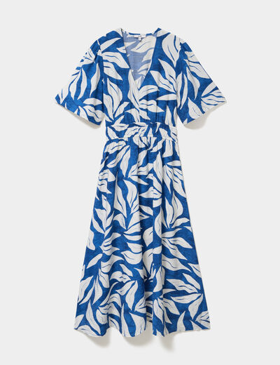 Robe longue col V taille &eacute;lastiqu&eacute;e bleu marine femme