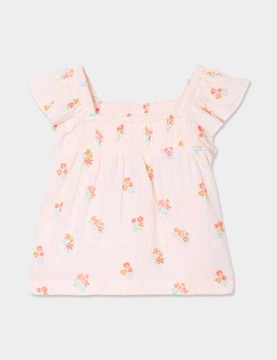 Blouse smockée à volants gaze de coton rose clair bébé fille