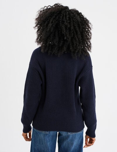 Pull col en V détails ajourés bleu foncé femme
