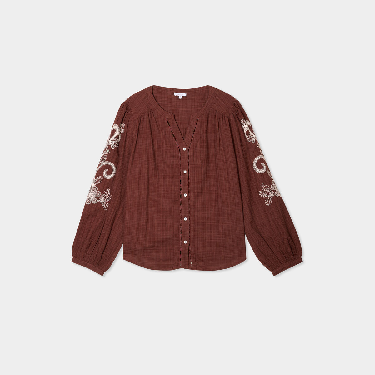 Blouse manches brodées col tunisien marron femme grande taille