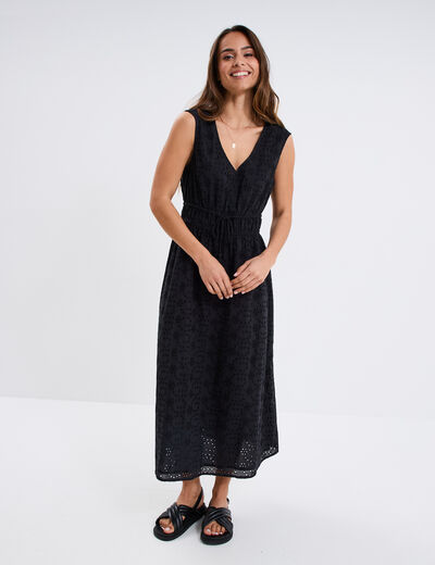 Robe longue broderie anglaise coton noir femme