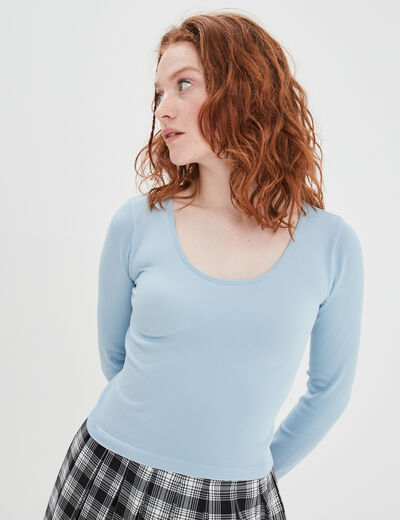 T-shirt côtelé sans couture bleu gris femme