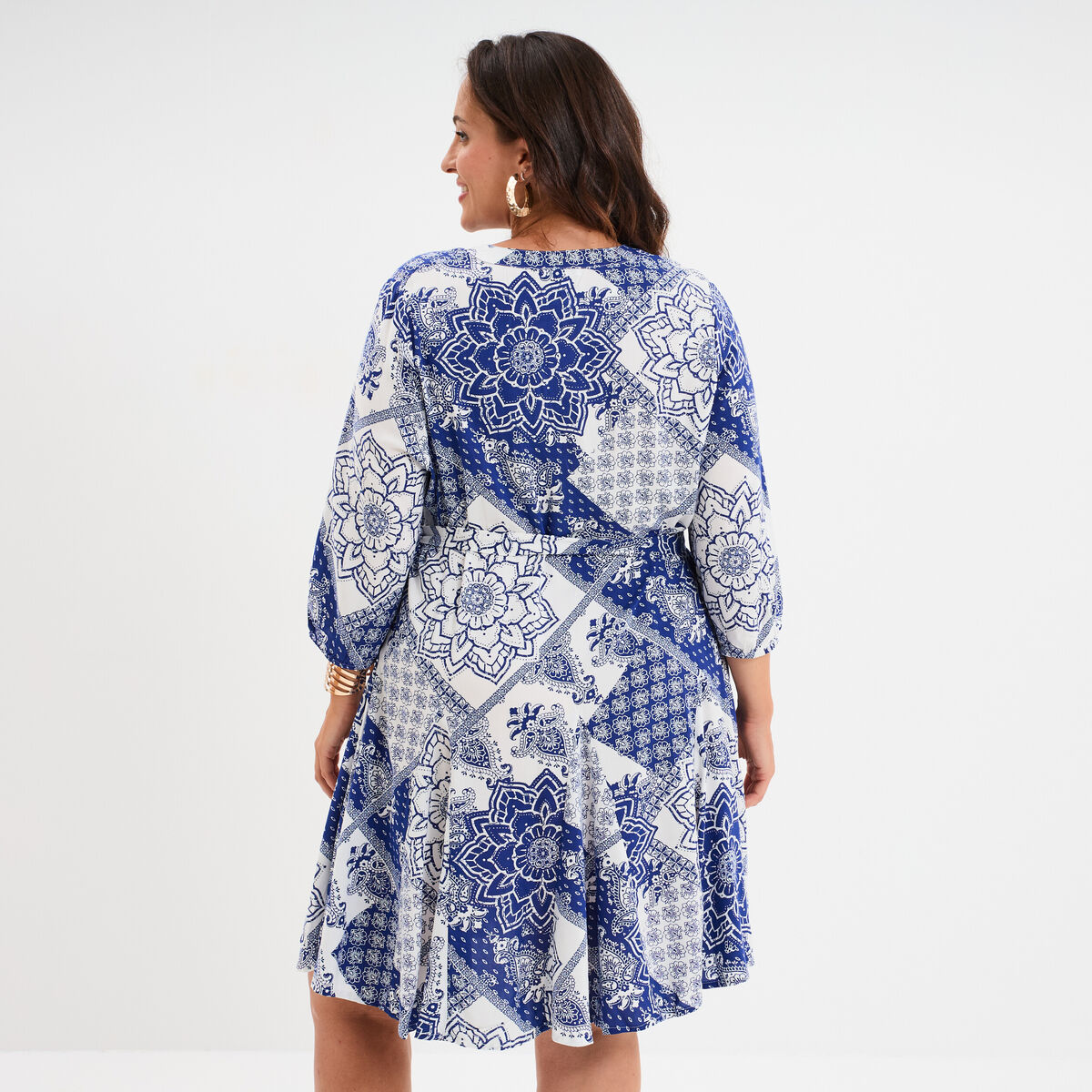 Robe fluide évasée col tunisien bleu femme grande taille