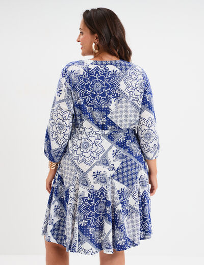 Robe fluide évasée col tunisien bleu femme grande taille