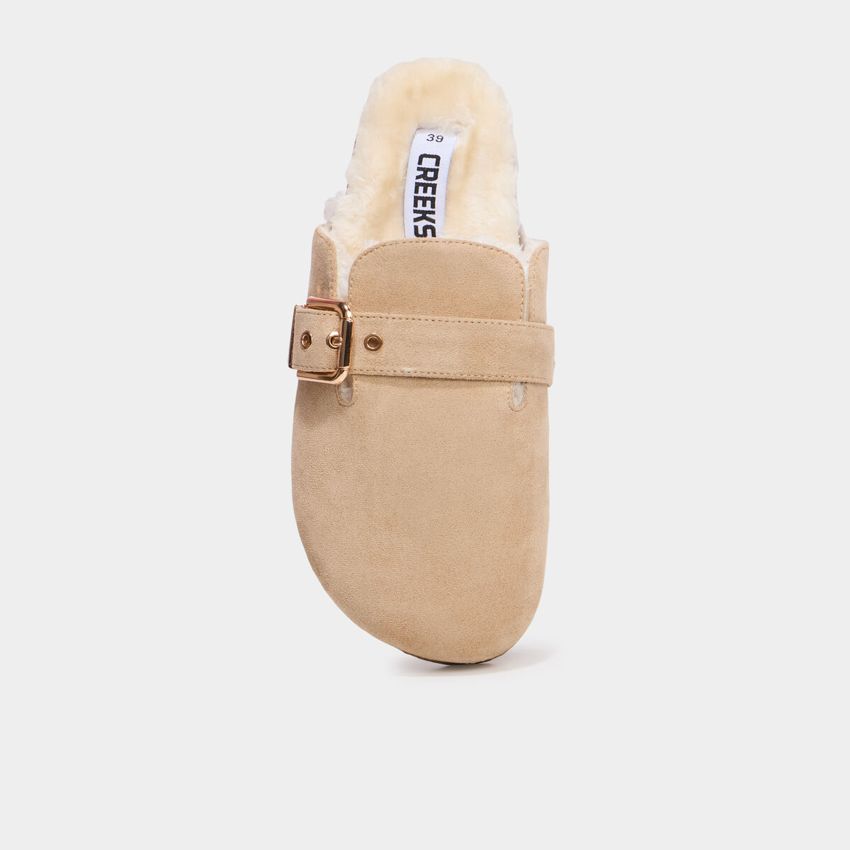 Mules fourr&eacute;es avec boucles sable femme