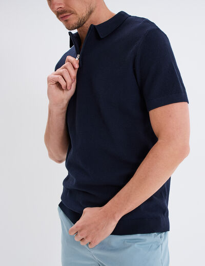 Polo col zipp&eacute; manches courtes coton bleu marine homme