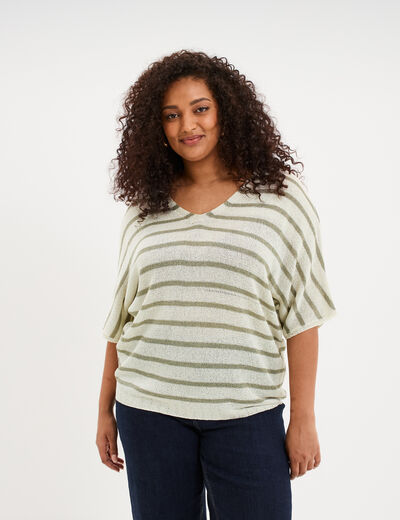 Pull manches 3/4 col en V vert clair femme grande taille