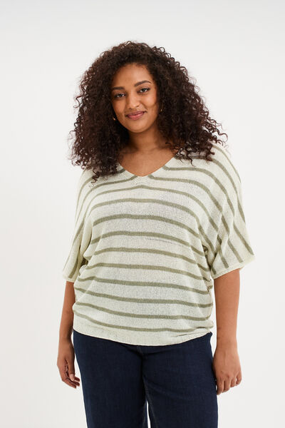 Pull manches 3/4 col en V vert clair femme grande taille
