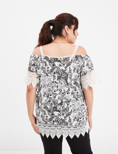 T-shirt col bardot avec dentelle ecru femme grande taille