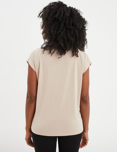 T-shirt col en V manches courtes beige femme