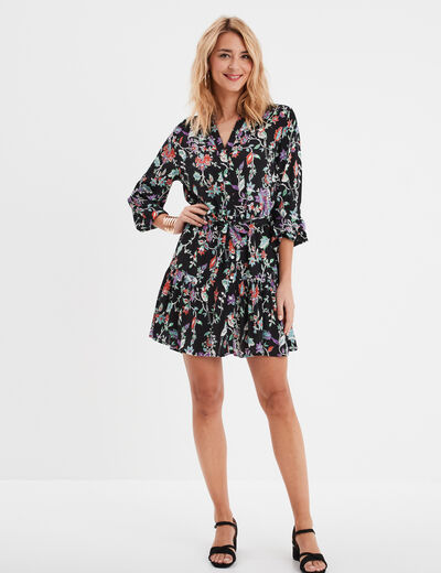 Robe trapèze à volants boutonnée noir femme