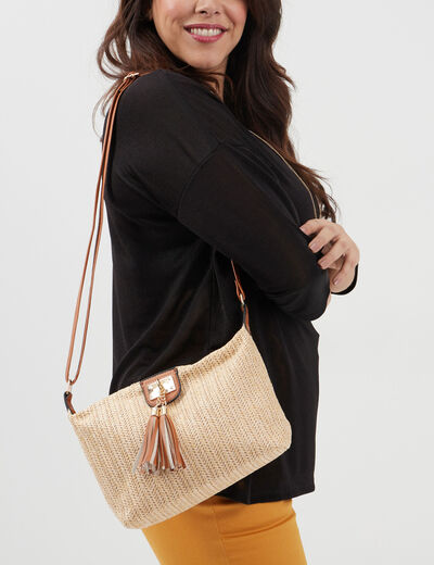 Sac bandoulière aspect tressé marron cognac femme