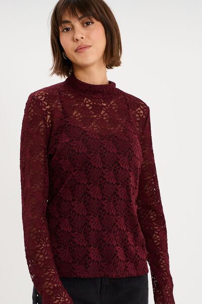 Blouse dentelle col montant violet fonc&eacute; femme