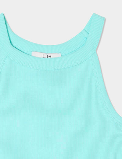 Débardeur côtelé col rond coton bleu turquoise fille