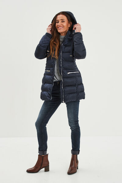 Doudoune mi-longue à capuche bleu marine femme