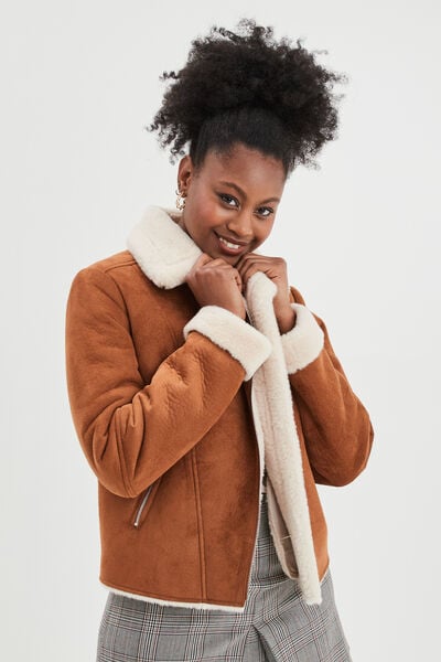 Veste col aviateur zipp&eacute;e doubl&eacute;e camel femme