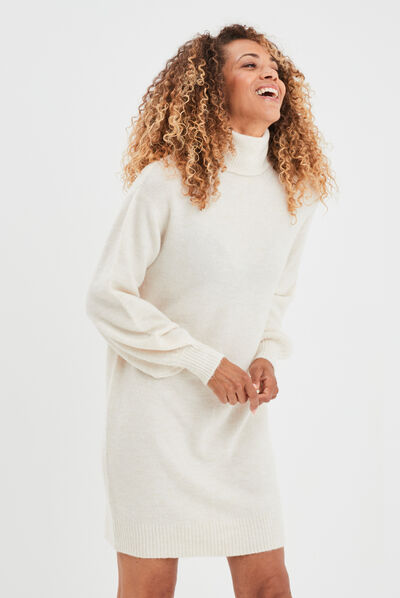 Robe pull col roulé courte droite creme femme