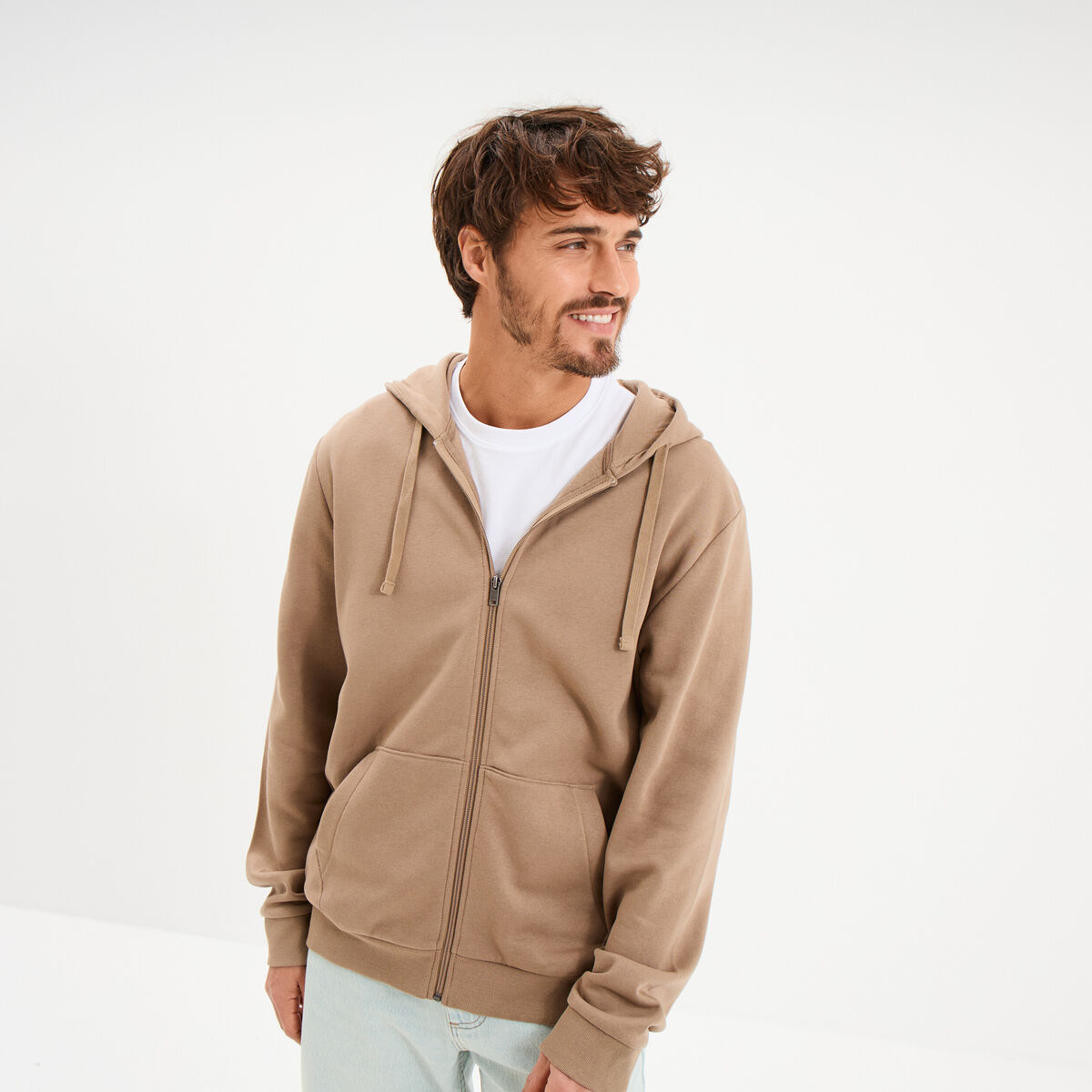 Sweat zipp&eacute; molleton &agrave; capuche taupe homme