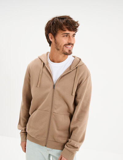 Sweat zipp&eacute; molleton &agrave; capuche taupe homme