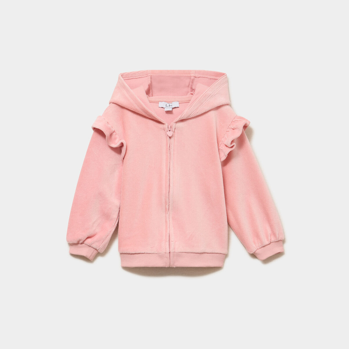 Gilet &agrave; capuche effet velours c&ocirc;tel&eacute; rose poudr&eacute;e b&eacute;b&eacute; fille