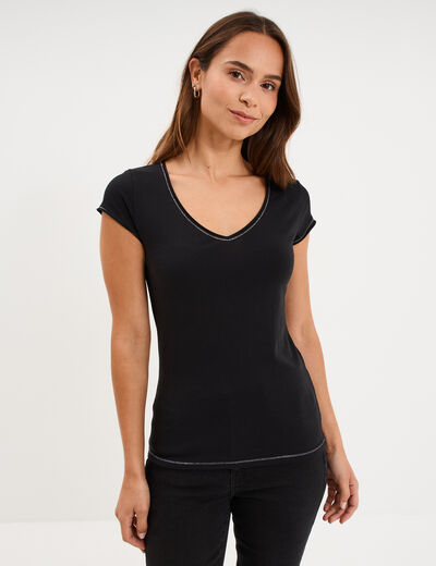 T-shirt col V ajust&eacute; manches courtes noir femme